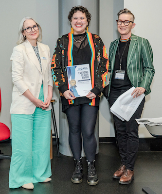 Raelee Lancaster (CAUL Emerging Leader Award): "Raelee Lancaster (center) from the University of Queensland Library receives the CAUL Emerging Leader Award from CAUL CEO Jane Angel (left) and CAUL Board Chair Nicole Clark (right)