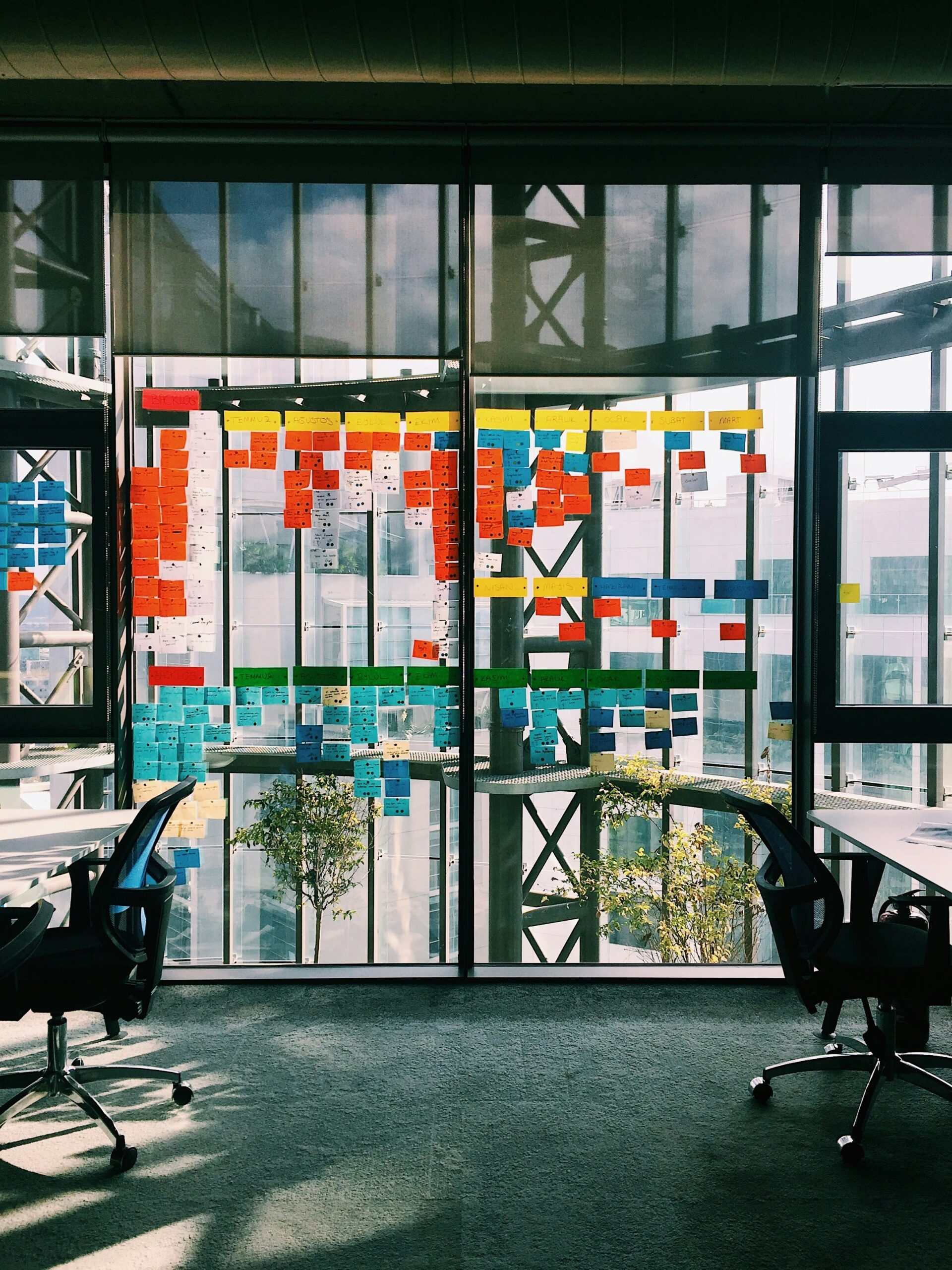 an office window from the inside with many coloured notes stuck to it